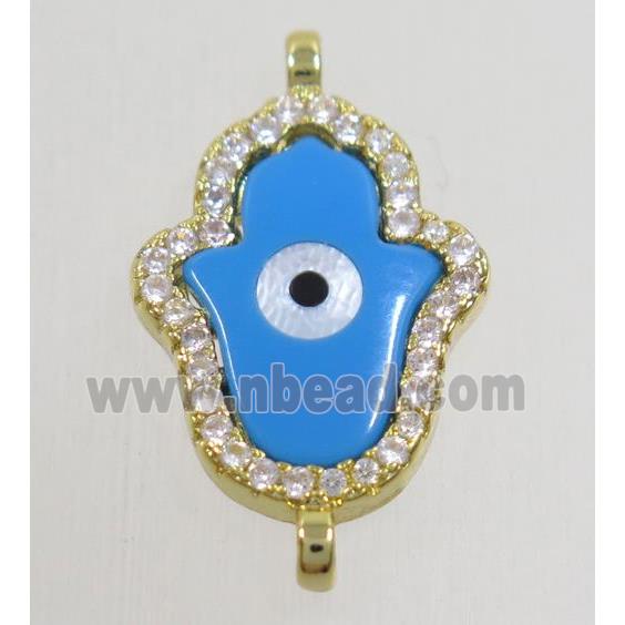 copper hamsahand connector paved zircon with shell evil eye, gold plated