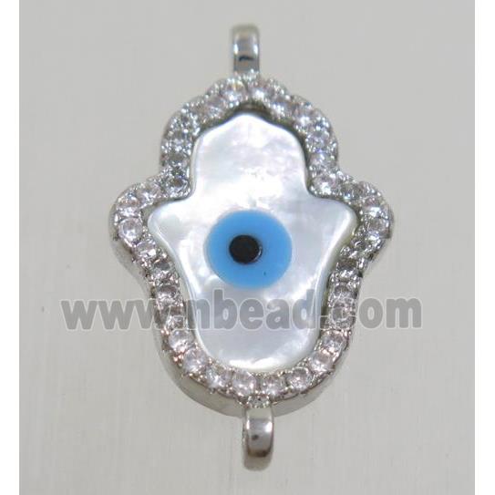 copper hamsahand connector paved zircon with shell evil eye, platinum plated