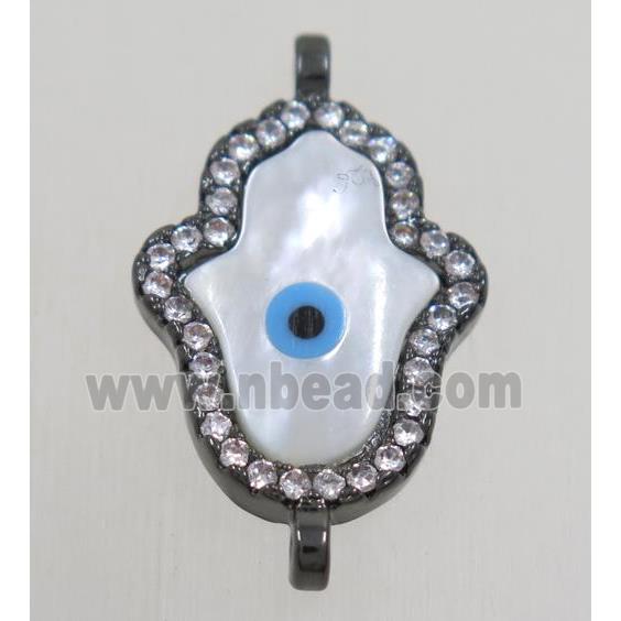 copper hamsahand connector paved zircon with shell evil eye, black plated