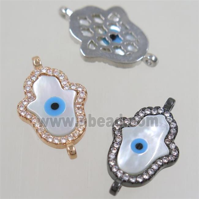 copper hamsahand connector paved zircon with shell evil eye, mix color