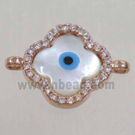 copper four-leaf Clover connector paved zircon with evil eye, rose gold