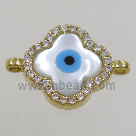 copper four-leaf Clover connector paved zircon with evil eye, gold plated