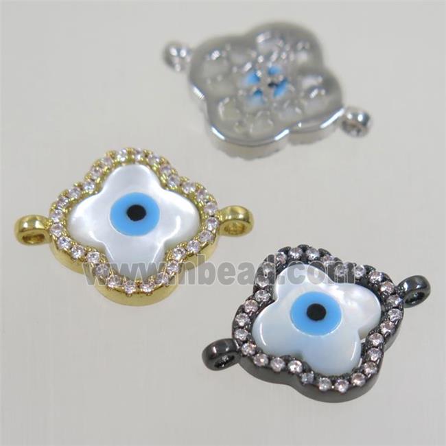 copper four-leaf Clover connector paved zircon with evil eye, mix color