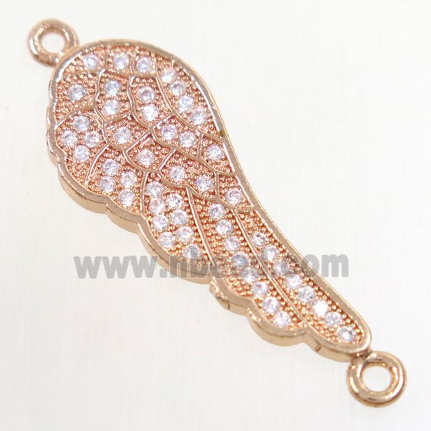 copper connector paved zircon, angel wing, rose gold