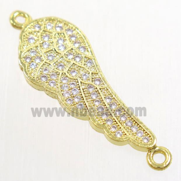 copper connector paved zircon, angel wing, gold plated