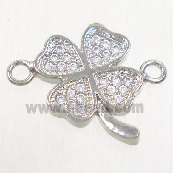 copper four-leaf clover connector paved zircon, platinum plated