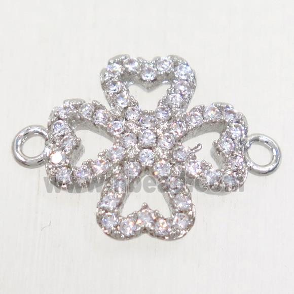 copper four-leaf clover connector paved zircon, platinum plated