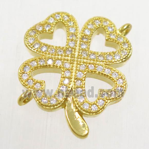 copper four-leaf clover connector paved zircon, gold plated
