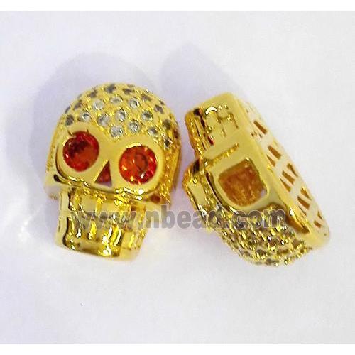 copper spacer bead paved zircon, skull, gold plated