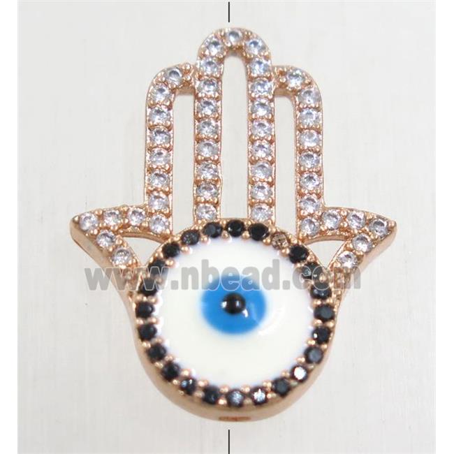 copper hamsahand beads paved zircon with evil eye, rose gold