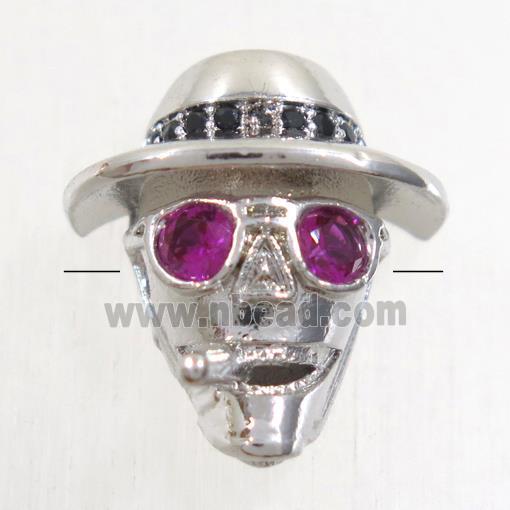 copper Skull beads paved zircon, platinum plated