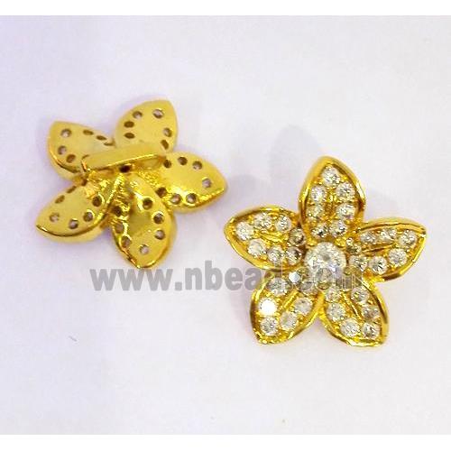 copper spacer bead paved zircon, flower, gold plated