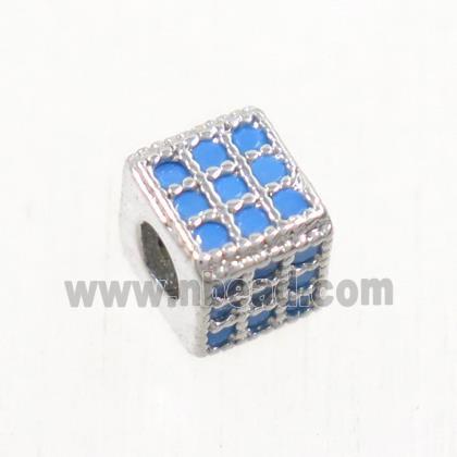 copper cube beads paved zircon, platinum plated, turq