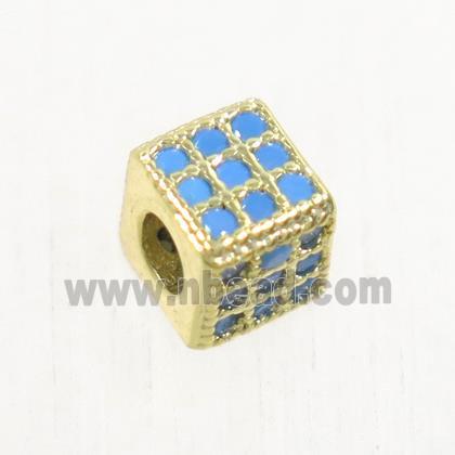 copper cube beads paved zircon, gold plated, turq