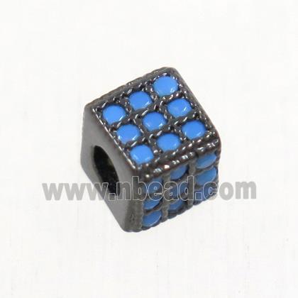 copper cube beads paved zircon, black plated, turq