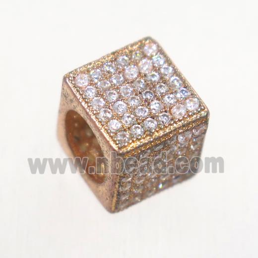 European style copper cube beads paved zircon, rose gold