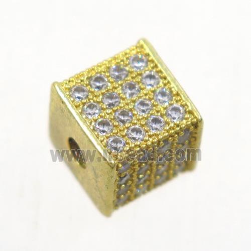 copper cube beads paved zircon, gold plated