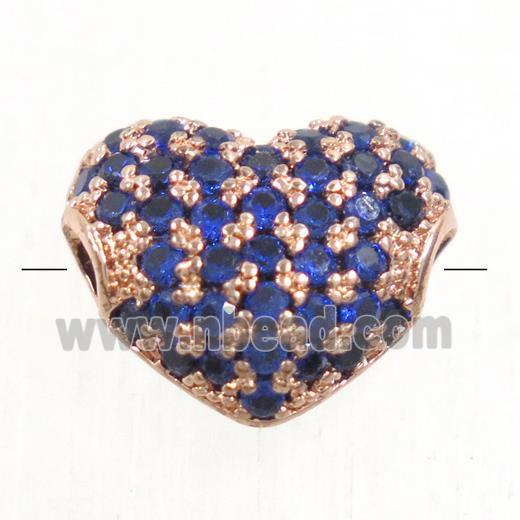 European style copper heart beads paved blue zircon, rose gold