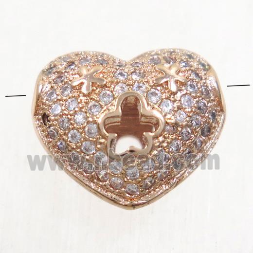 copper heart beads paved zircon, rose gold