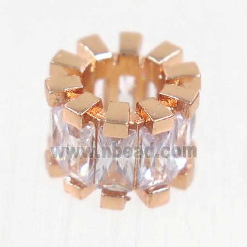 European style copper beads paved zircon, tube, rose gold