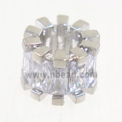 European style copper beads paved zircon, tube, platinum plated
