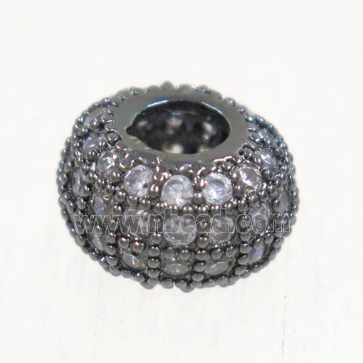 European style copper beads paved zircon, rondelle, black plated