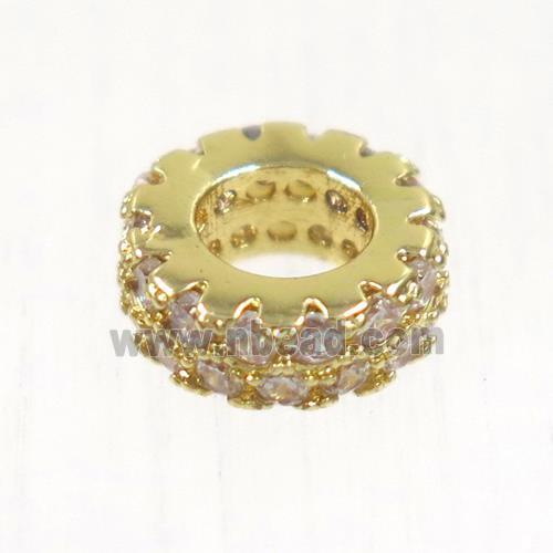 European style copper bead paved zircon, rondelle, gold plated