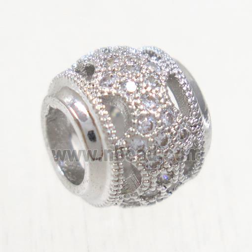 European style copper rondelle beads paved zircon, platinum plated