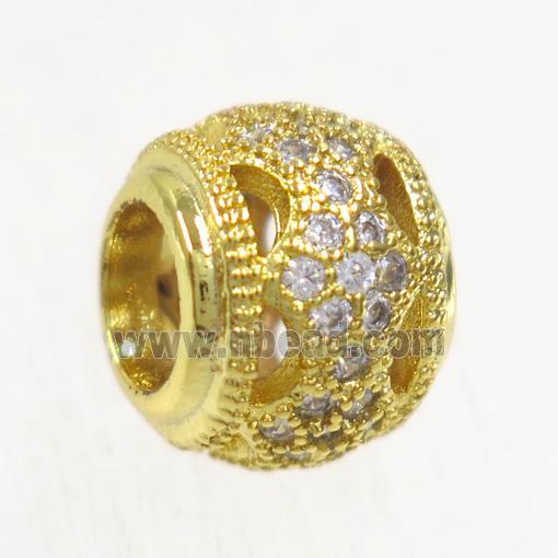 European style copper rondelle beads paved zircon, gold plated