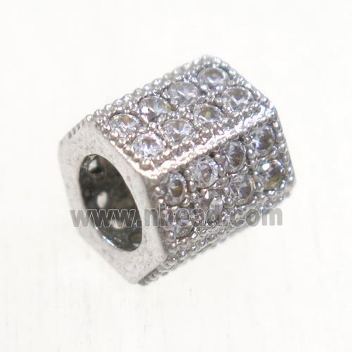 European style copper tube beads paved zircon, platinum plated