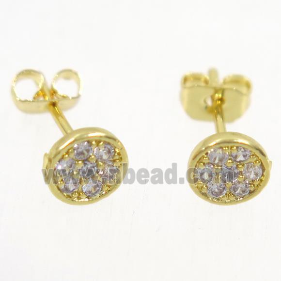 copper earring studs paved zircon, circle, gold plated