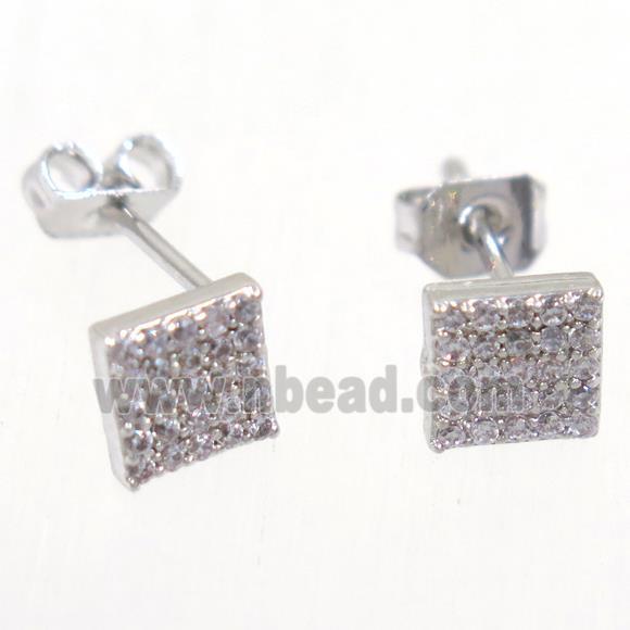 copper earring studs paved zircon, square, platinum plated