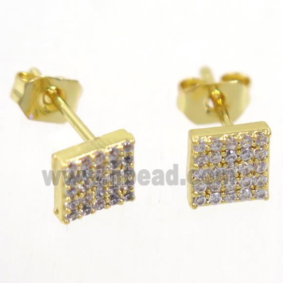 copper earring studs paved zircon, square, gold plated