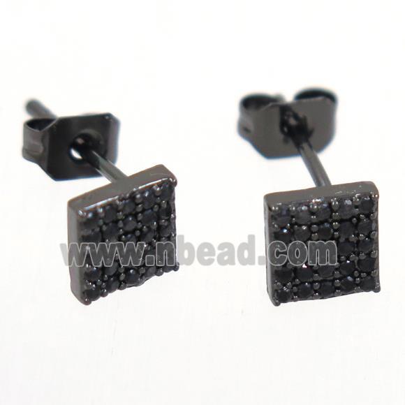copper earring studs paved zircon, square, black plated