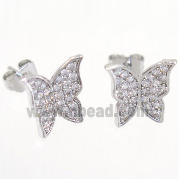 copper butterfly earring studs paved zircon, platinum plated