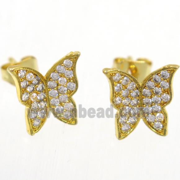 copper butterfly earring studs paved zircon, gold plated