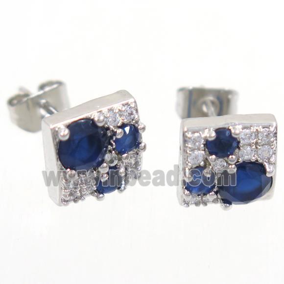 copper earring studs paved zircon, square, platinum plated