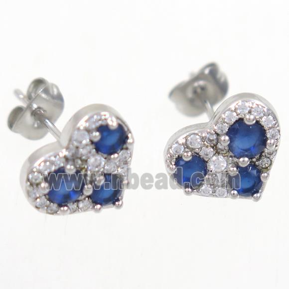 copper heart earring studs paved zircon, platinum plated