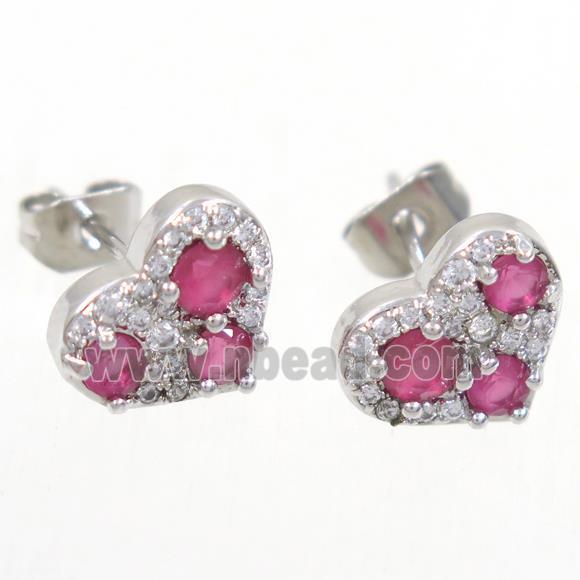 copper heart earring studs paved zircon, platinum plated