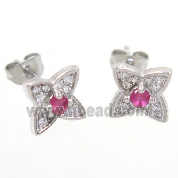 copper earring studs paved zircon, star, platinum plated