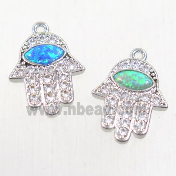 copper hamsahand pendants paved zircon with fire opal, mix, platinum plated
