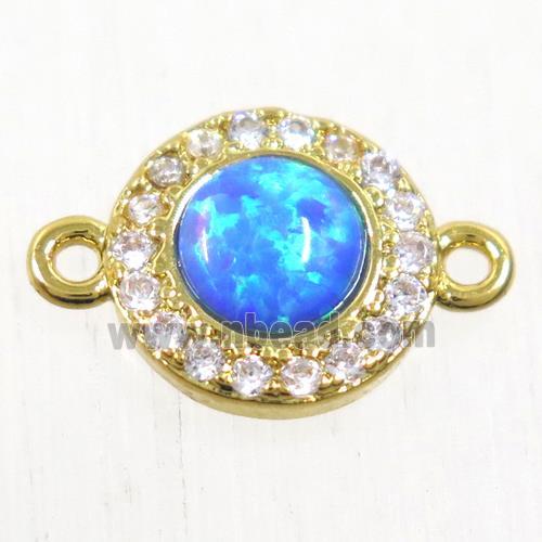 copper circle connector paved zircon with blue fire opal, gold plated