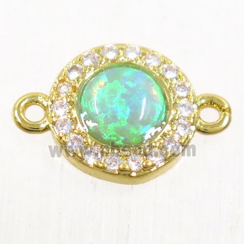 copper circle connector paved zircon with green fire opal, gold plated