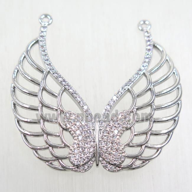 copper pendant paved zircon, angel wing, platinum plated