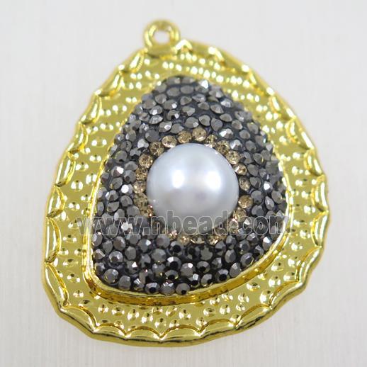 copper pendant paved rhinestone with pearl, gold plated