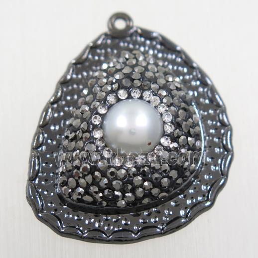 copper pendant paved rhinestone with pearl, black plated