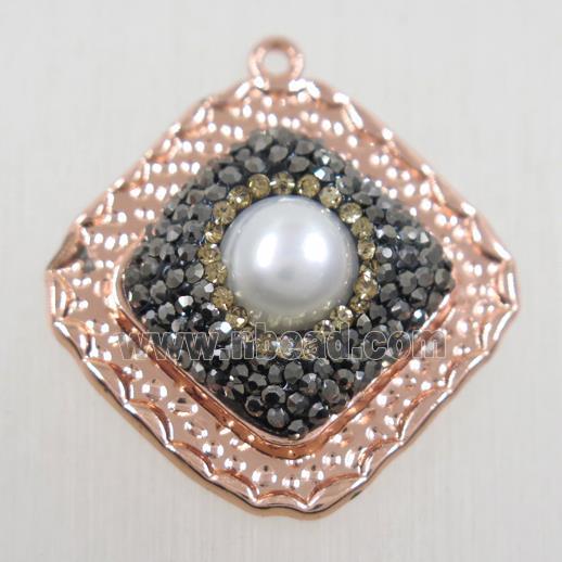 copper square pendant paved rhinestone with pearl, rose gold
