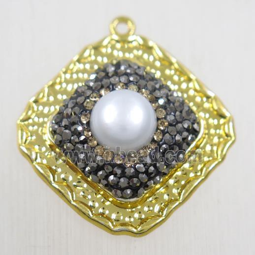 copper square pendant paved rhinestone with pearl, gold plated
