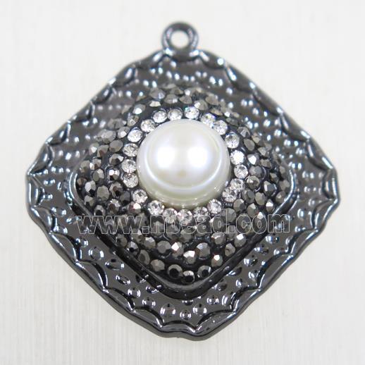 copper square pendant paved rhinestone with pearl, black plated