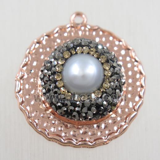 copper circle pendant paved rhinestone with pearl, rose gold